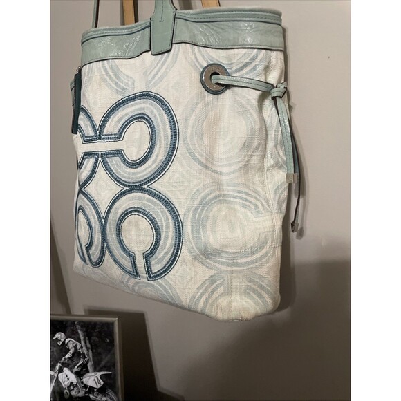 Y2K Coach Op Art Swirl Audrey Shoulder Hand Bag Tote XL Hangtag Teal Blue Flaws - Picture 5 of 16